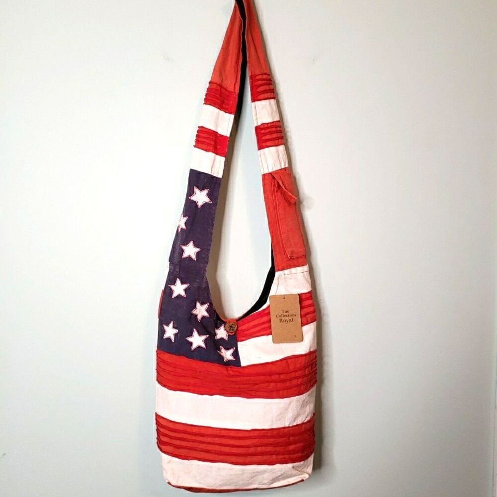 Crossbody Hobo Bag American Flag Patriotic Shredded Distressed Cotton Zip Purse - Picture 2 of 16